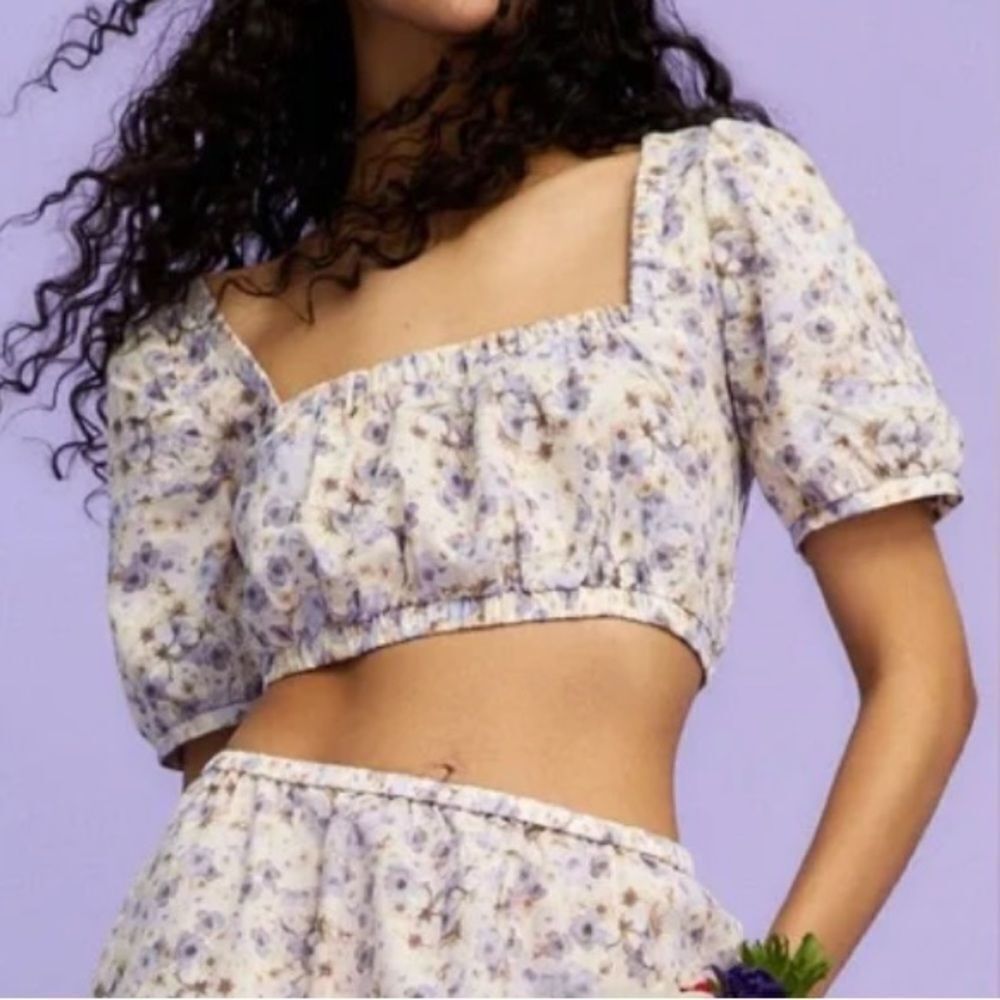 H&M Crop Top Linen Blend Purple Beige Floral Square Neck Puff Shoulder in Size L